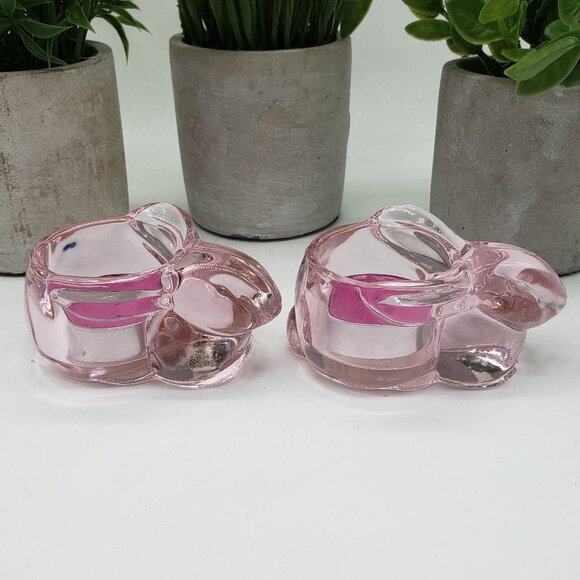 Indiana Glass Vintage Light Pink Bunny Rabbit Tealight Candle Holders Set of 2 - Picture 1 of 9